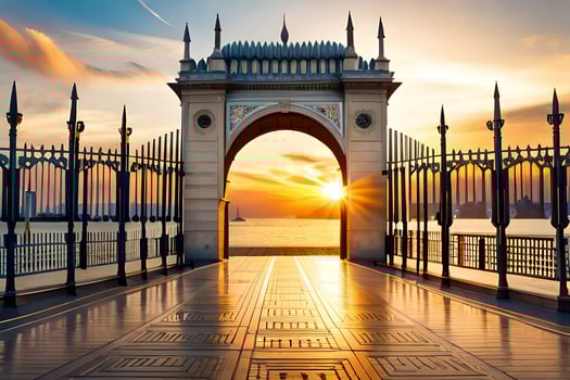 the sun is setting over an ornate gate. AI-Generated photo