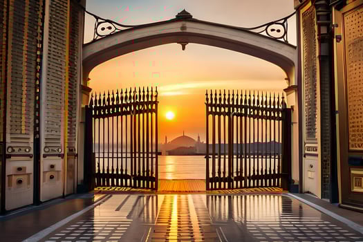 the sun sets behind an iron gate in front of a building. AI-Generated photo