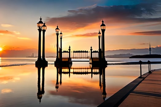 a sunset over the water with a bridge and lamp posts. AI-Generated photo