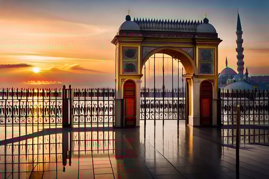 the sun sets over a mosque and gate. AI-Generated photo