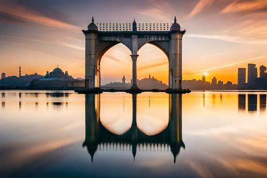 the sunset is reflected in the water as it reflects the cityscape. AI-Generated photo