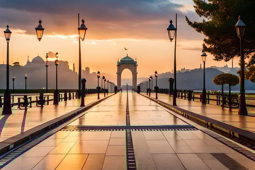 the sun is setting over a city skyline with a walkway. AI-Generated photo