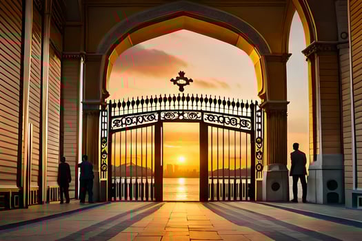 the sun sets behind an ornate gate in an open area. AI-Generated photo