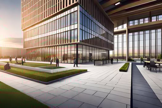 a rendering of a modern office building with a courtyard. AI-Generated photo