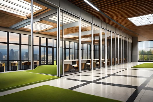 a modern office with glass walls and green grass. AI-Generated photo