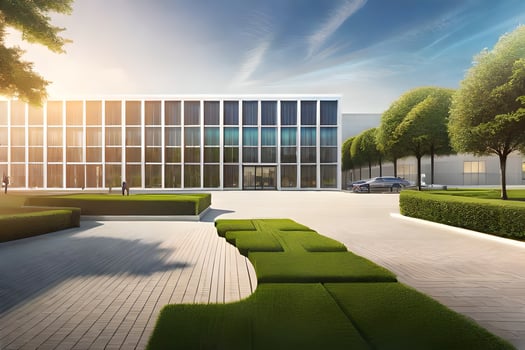 a modern office building with a large glass wall. AI-Generated photo