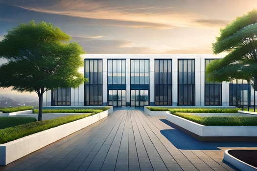modern office building with landscaping and trees. AI-Generated photo
