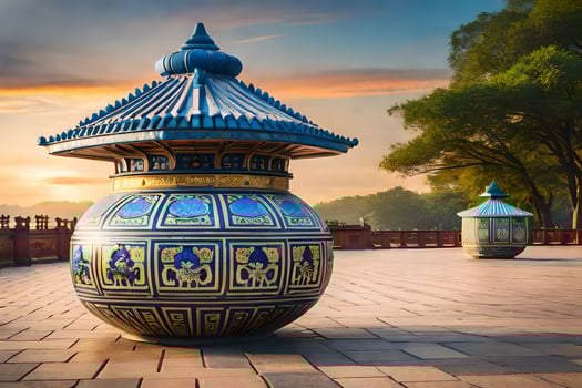 an oriental style vase sitting on a brick walkway. AI-Generated photo