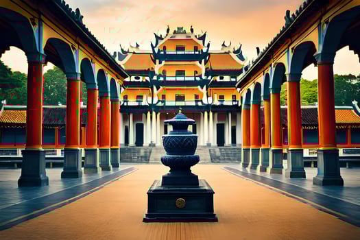 a large building with columns and a vase. AI-Generated photo
