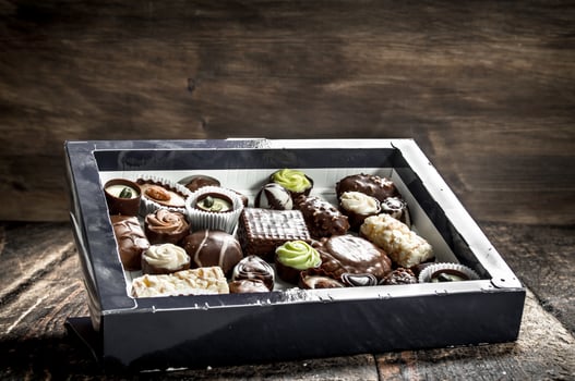 Chocolate candies in a box. photo