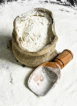 Flour in a bag with a wooden scoop. photo