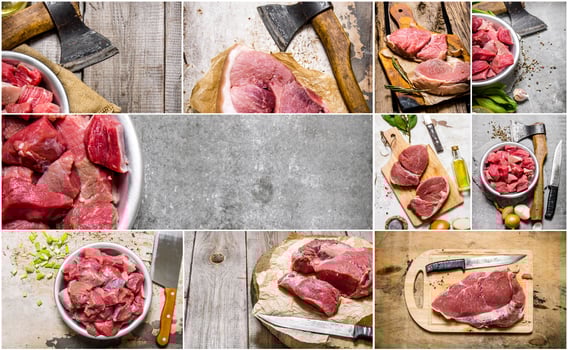 Food collage of raw meat . photo