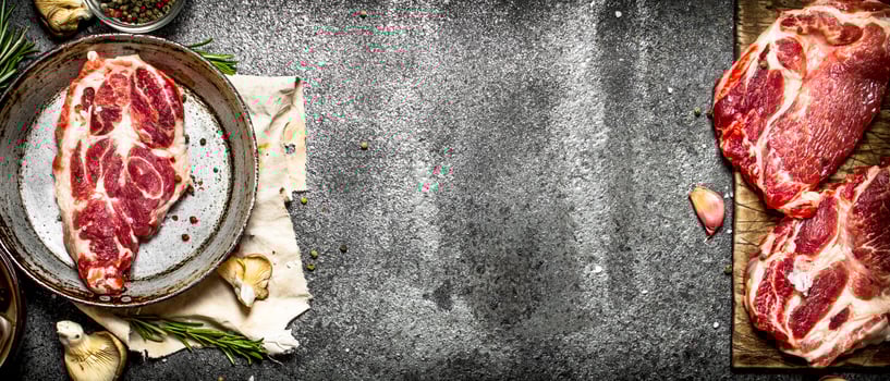 Raw meat background. Raw pork with spices and herbs. photo