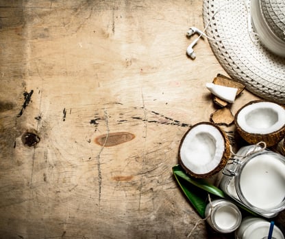 Coconut milk with a summer Panama hat. photo