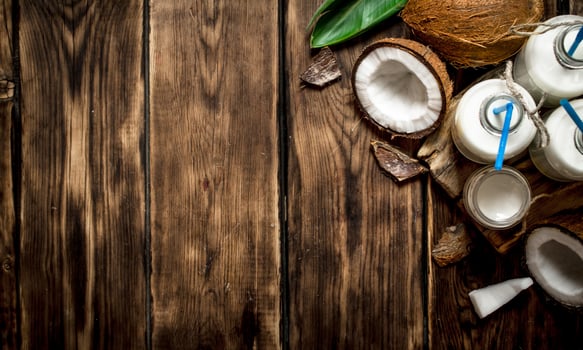 Coconut milk in bottles. photo