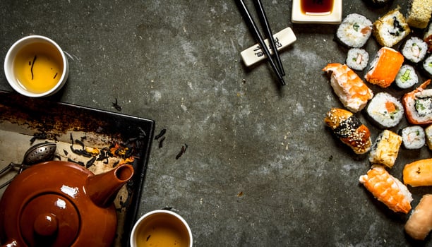 Sushi and rolls with tea photo