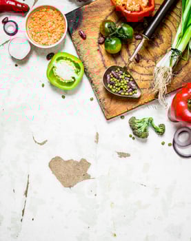 Organic food. Cutting Board with vegetables and herbs. photo