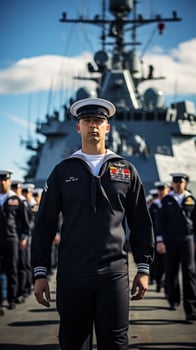 Naval vessel with sailors on deck in uniform photo