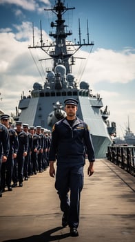 Naval vessel with sailors on deck in uniform photo