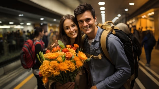 Young couple holding bouquet of flowers in subway or airport. Guy meets lady from train or plain hugs, gives flowers at station. photo