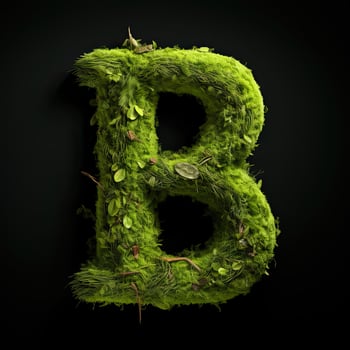Letter B with moss. Large soft forest font. Green typographic symbol made of leaves. Concept of comfort, nature and ecology. AI Generated photo