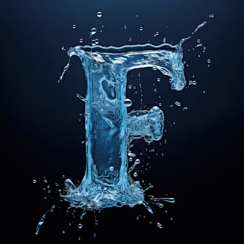 Letter F made of water. Font with splashes and drops of blue liquid. Typographic symbol with jet and splash. Marine concept of freshness, fluidity and the sea. AI Generated photo