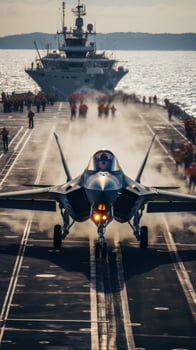 Fighter jet taking off from the deck of an aircraft carrier photo