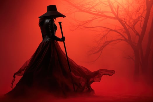 A mysterious witch clad in a floor-length red dress with black hat and broom, she exudes an aura of power and darkness. Red foggy background enhances the dramatic effect. Generative AI photo