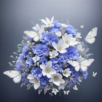 Flower realistic seamless butterfly abstract pattern. floral random background blue white ai generative photo