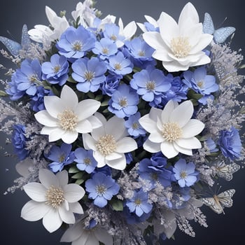 Flower realistic seamless butterfly abstract pattern. floral random background blue white ai generative photo