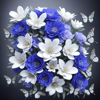 Flower realistic seamless butterfly abstract pattern. floral random background blue white ai generative photo