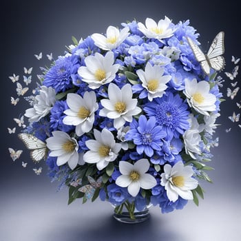 Flower realistic seamless butterfly abstract pattern. floral random background blue white ai generative photo