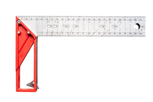 L square or  L shaped squares measuring hand tools for marking and referencing a 90  angle  isolated on white background photo