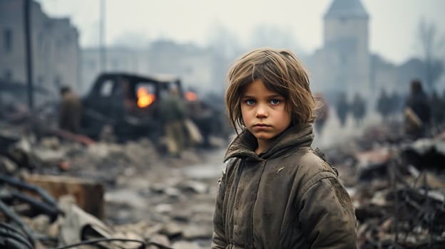 Portrait of a boy in the middle of a burning city. The atmosphere of war. AI Generated. photo