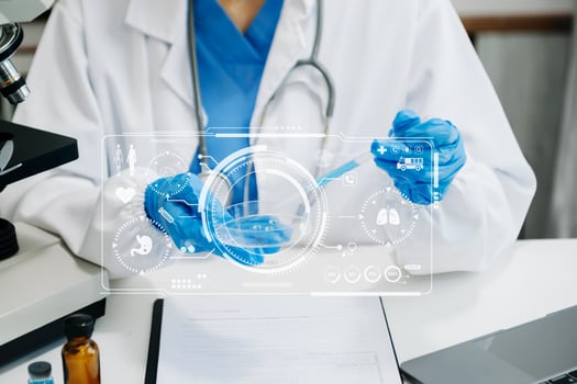 DNA molecule testing concepts. The doctor in a mask examines DNA molecules on the chemical laboratory with virtual icon photo