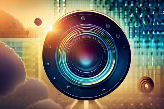 a camera lens is in front of a city skyline. AI-Generated photo