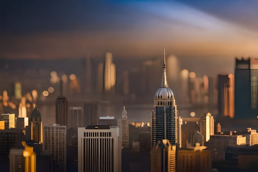 a city skyline with a bright light shining on it. AI-Generated photo