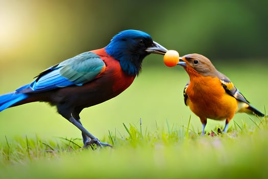 two colorful birds eating an orange piece of fruit. AI-Generated photo