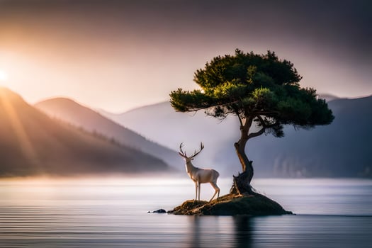 a deer stands on an island in the middle of a lake. AI-Generated photo