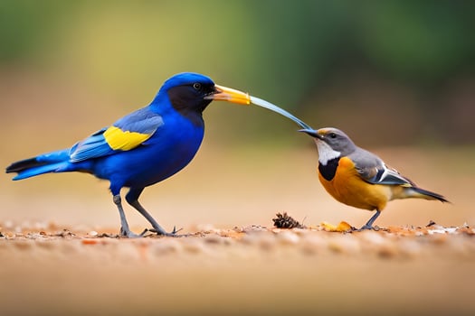 a blue bird and a yellow bird are standing next to each other. AI-Generated photo
