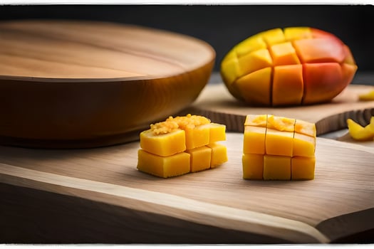 a piece of mango on a cutting board. AI-Generated photo