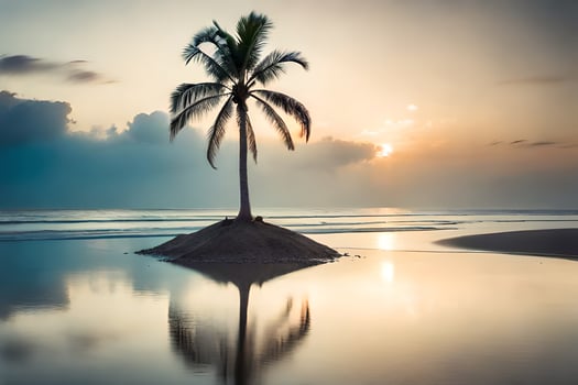 a lone palm tree stands on a small island in the ocean. AI-Generated photo