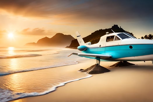 a small airplane sits on the beach at sunset. AI-Generated photo
