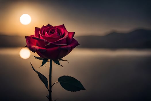 a single red rose is in front of a lake at sunset. AI-Generated photo