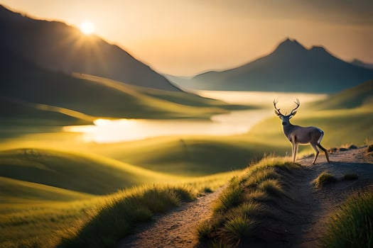a deer stands on a hill overlooking a lake. AI-Generated photo