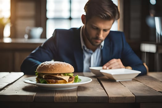 a man in a suit is eating a hamburger. AI-Generated photo