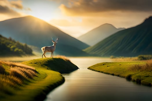 a deer stands on a grassy hill overlooking a river. AI-Generated photo