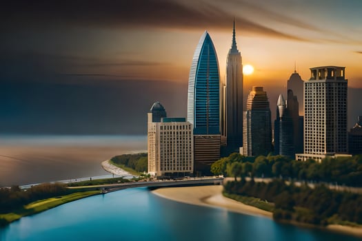 a city skyline with a river and a lake. AI-Generated photo