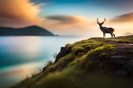 a deer stands on a cliff overlooking the ocean. AI-Generated photo