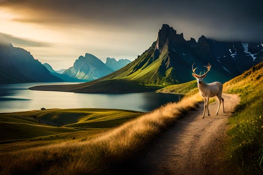 a deer stands on a path near a lake and mountains. AI-Generated photo
